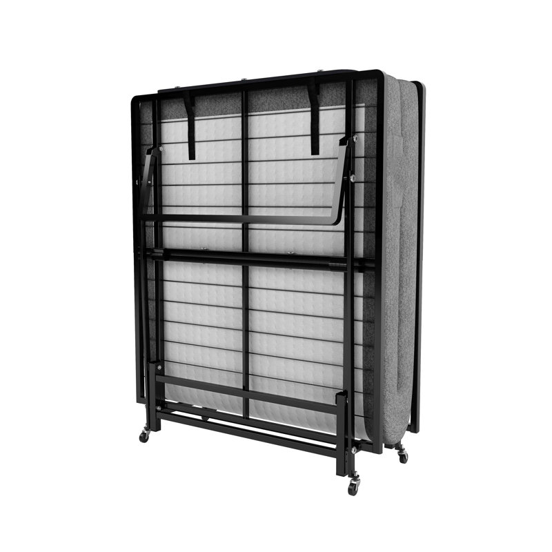 Structure de lit pliante en métal avec matelas en mousse avec poches, rangement facile et mobile avec 4 roulettes