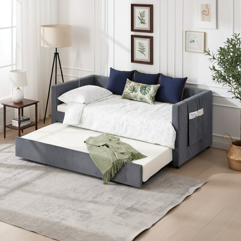   84" Wide Upholstered Daybed with Twin Trundle - V-Grained Velvet Sofa Bed with USB Charging and Storage Pockets, Gray