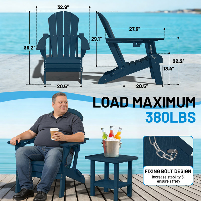 Oversized All-Weather Foldable Adirondack Chair with Cup Holder（Set of 2） , Navy, Set Of 2
