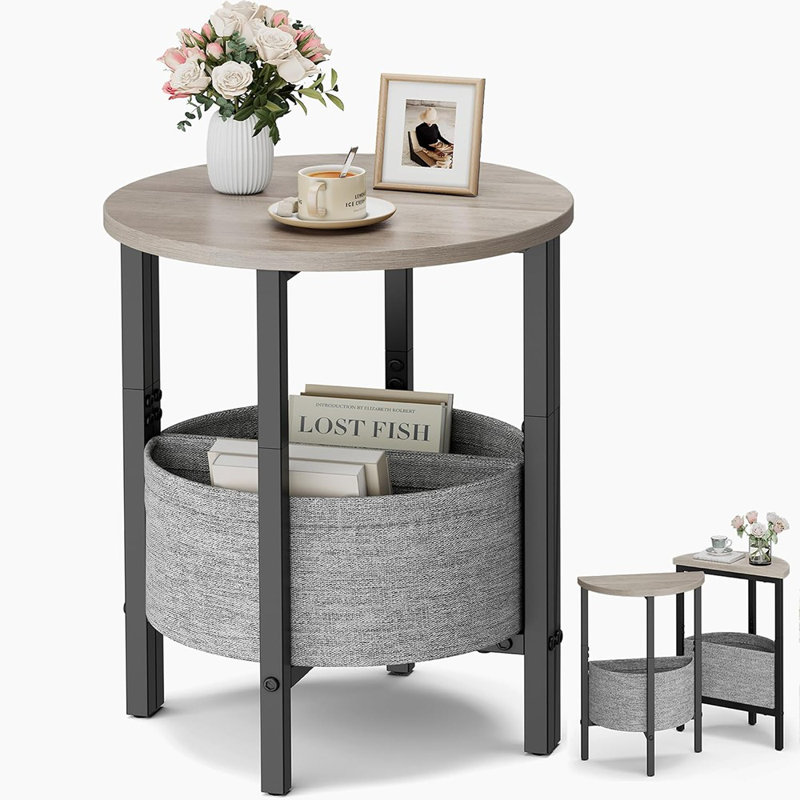 Ensemble de 2 petites tables d'appoint rondes avec panier de rangement, tables de bout d'appoint en demi-lune modernes et grandes tables de chevet pour le salon, la chambre à coucher et les petits espaces, gris