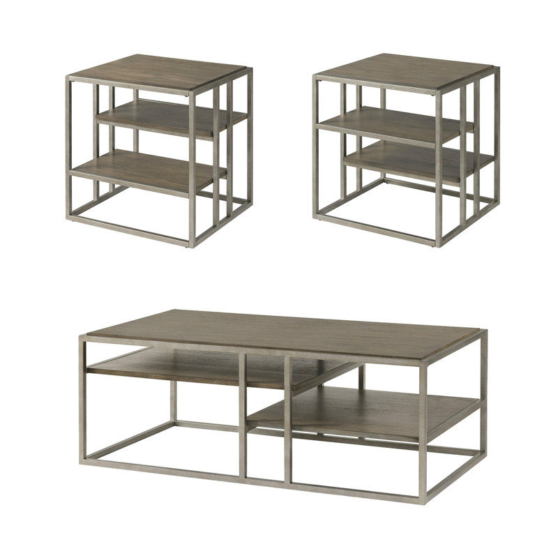 Ensemble de 3 tables basses et 2 tables de bout en bois avec cadre en métal