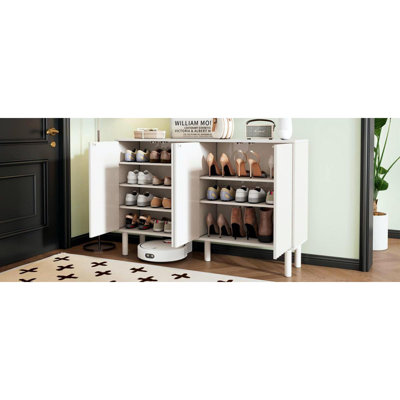 Minimalist Shoe Cabinet With 5 Solid Wood Legs, Sideboard Buffet Cabinet With Fluted Doors, Large 4Door Storage Cabinet With Adjustable Shelves
