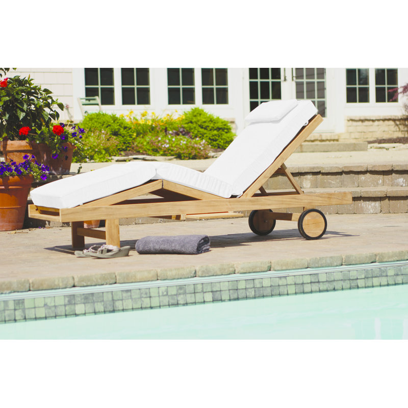 Quincy Teak Outdoor Reclining Chaise Lounge with Sunbrella Cushion and Tray, Canvas Natural Sunbrella® Canvas