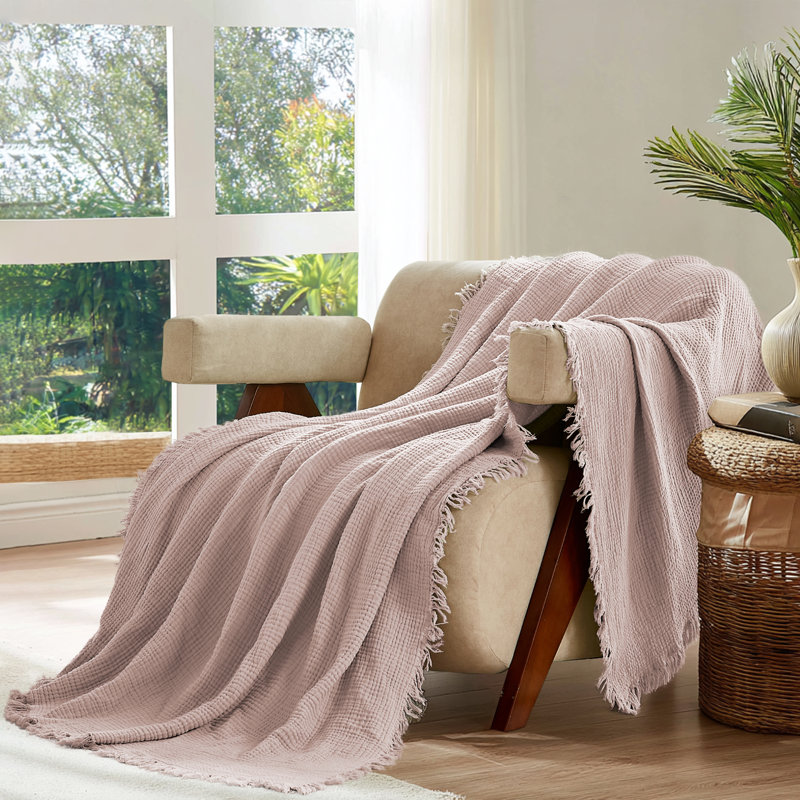 Jeté 100% coton mousseline - 4 couches de gaze tissée avec frange, couverture douce, légère et respirante pour le lit, le canapé ou le voyage