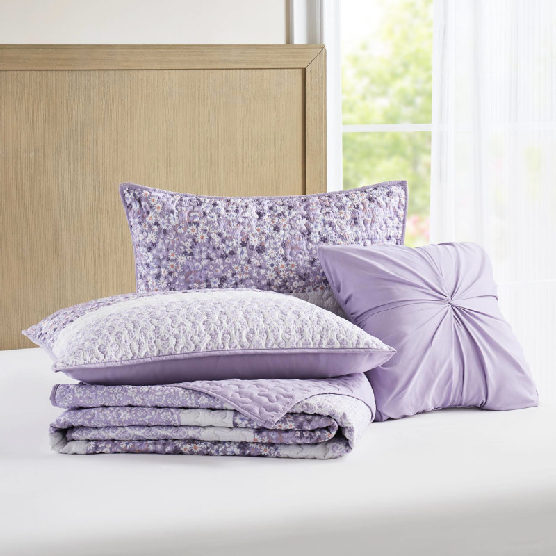 Courtepointe très grande / très grande taille, jeté, imprimé en microfibre, trois motifs floraux, coussin froncé, lavable à la machine 4 pièces - courtepointe, 2 taies décoratives, 1 jeté