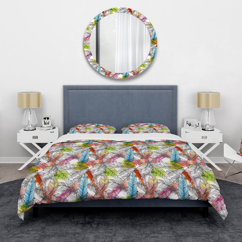 Plumes de bohème bleues et vertes - Ensemble de housse de couette bohémien - Polyester en microfibre