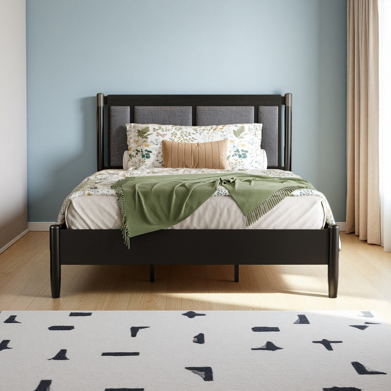Lit en bois massif, aucun sommier requis, tête de lit tapissier avec poignées en métal, Grand lit, Gris foncé
