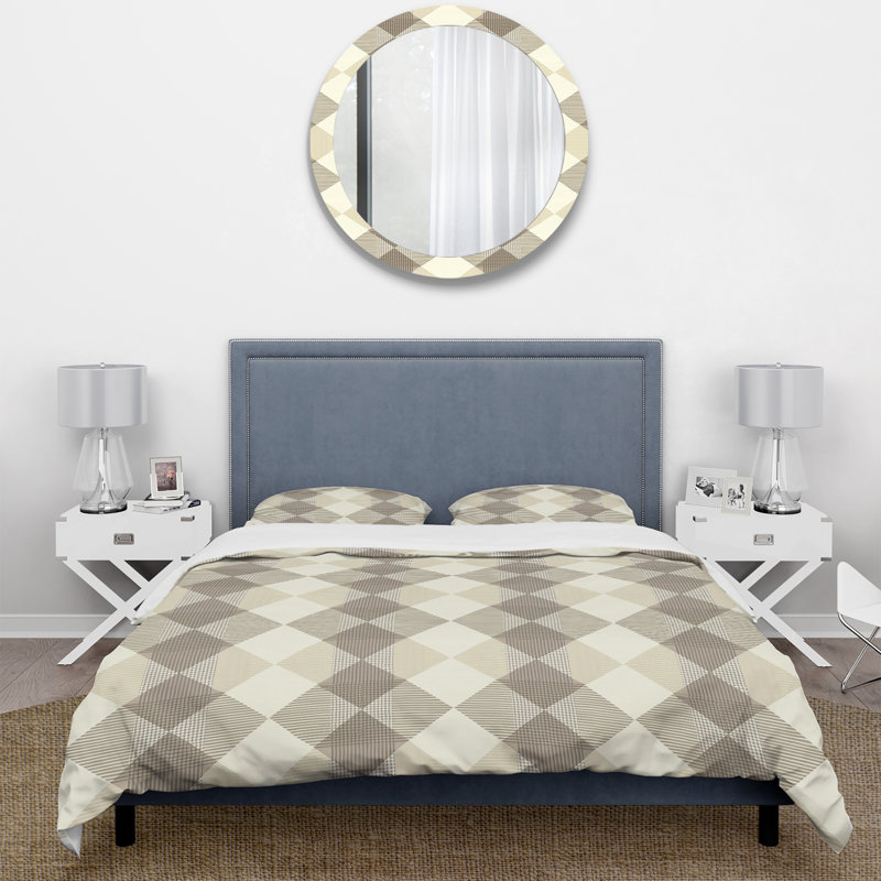 Beige Grey Houndstooth Print I - Traditional Duvet Cover Set, Queen Duvet Cover + 2 Standard Shams