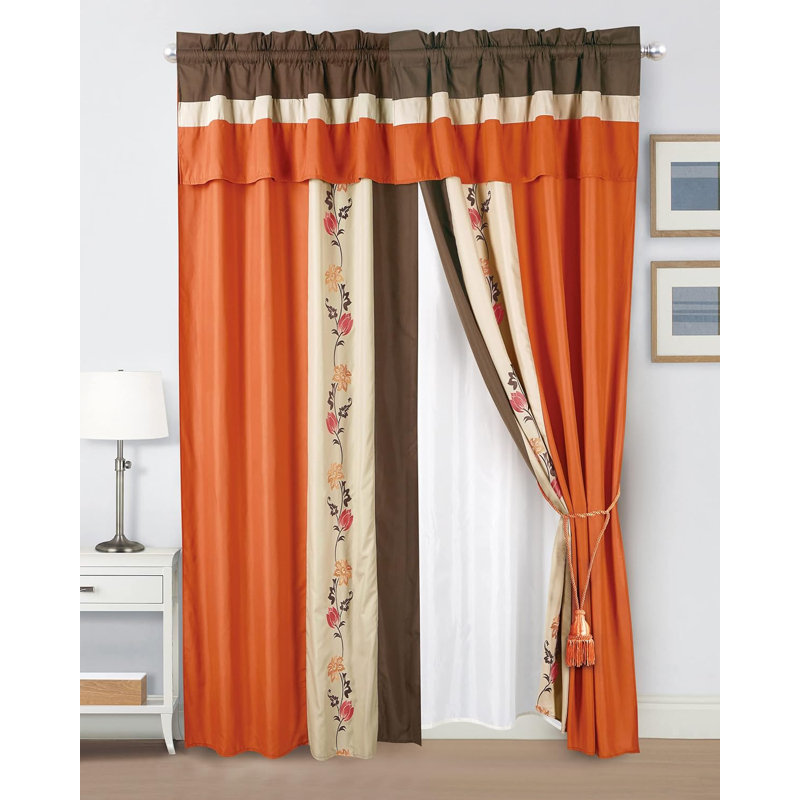 Autumn Floral Embroidery Taupe and Orange Polyester Window Curtain Set
