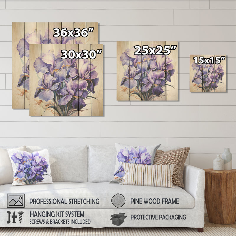 Iris mauve et rose mauve II - Iris sur bois, H 25 po x l 25 po