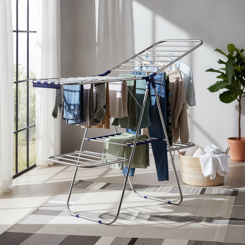 Séchoir à vêtements, séchoir à linge pliable à 2 niveaux, séchoir à linge autoportant, avec ailes réglables en hauteur, 33 rails, pinces à chaussettes