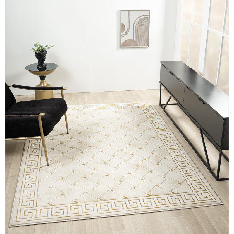 Tapis à bordure abstraite crème / or Ksamil Collection, Rectangle 5 pi 3 po x 7 pi 3 po