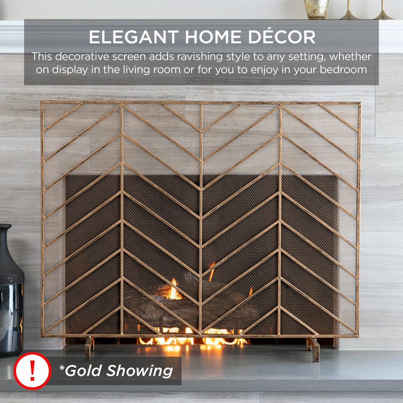 Satin Black Iron Mesh Chevron Fireplace Screen