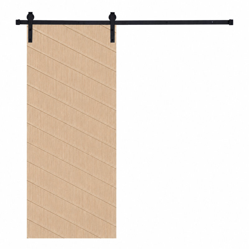 La porte de grange coulissante The Traverse en chêne thermique blanc avec quincaillerie coulissante noir mat, 14 po x 79 po