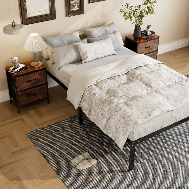 Structure de lit simple en métal avec ensemble de chambre à coucher avec 2 tables de chevet, table de chevet avec structure en métal et plateau en bois, tiroirs en tissu