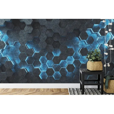 Dark Blue 3D Hexagon Stone Texture Wallpaper for Home Decor