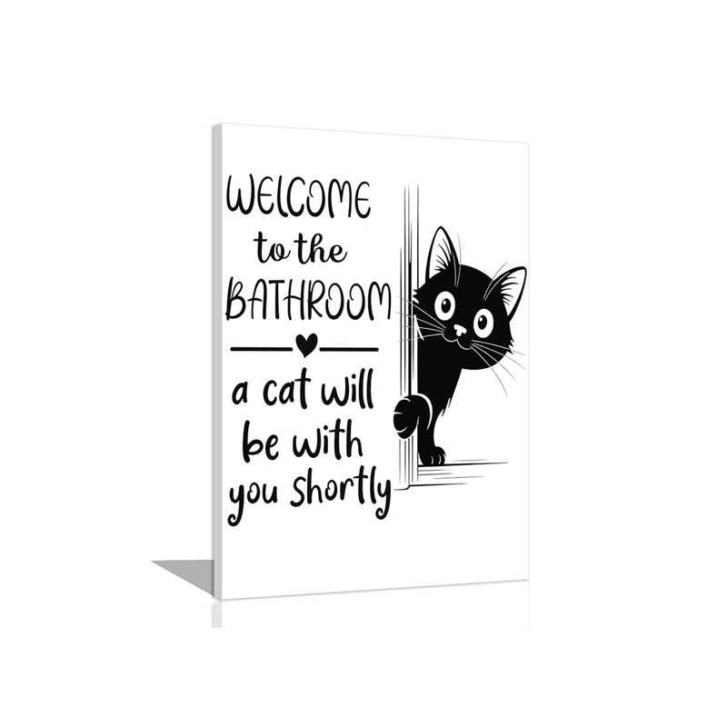 Funny Cat Bathroom Wall Art,Welcome To The Bathroom A Cat Will Be With You Shortly Paintings Posters,Black Funny Canvas Pictures Prints,Cute Black Cat Wall Decor 12X16in