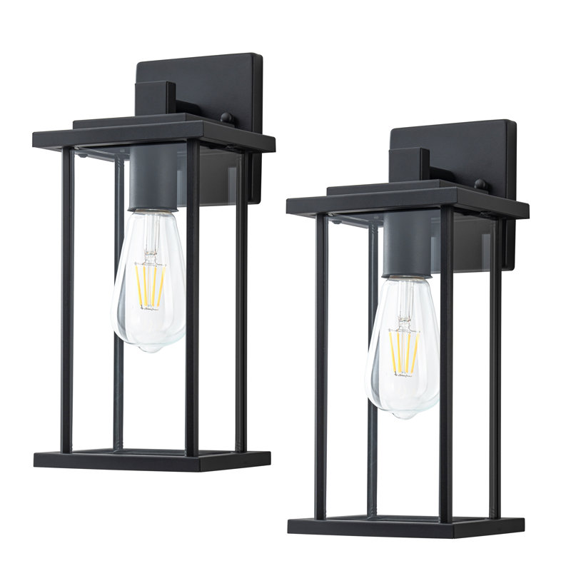 2 Pack Matte Black Outdoor Wall Lights With Clear Glass Shade