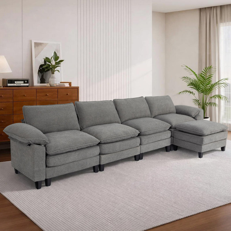 Canapé d'angle rembourré avec 1 repose-pieds, Chenille gris pâle, H 37,4 po x l 146,5 po x P 61 po