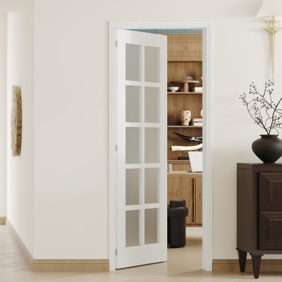 Porte intérieure en verre givré 10 Lite avec cadre réglable pré-suspendu - porte en panneau de fibres à densité moyenne blanc