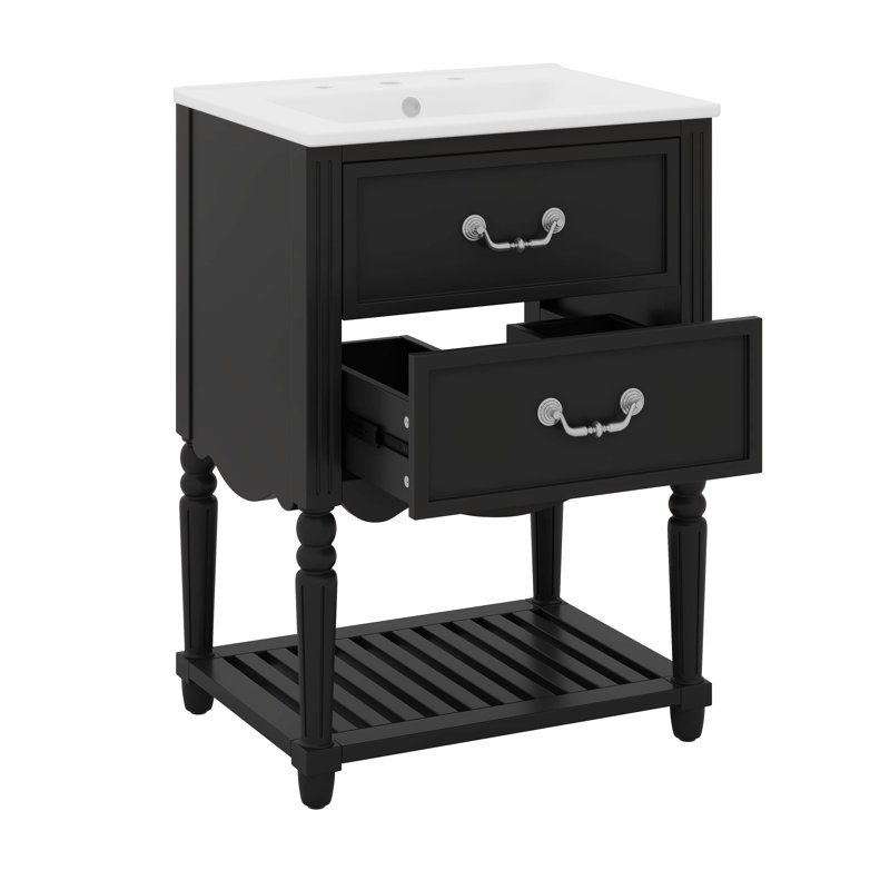 Meuble-lavabo 24 po avec lavabo, meuble-lavabo simple autoportant avec 2 tiroirs et tablette ouverte, Noir