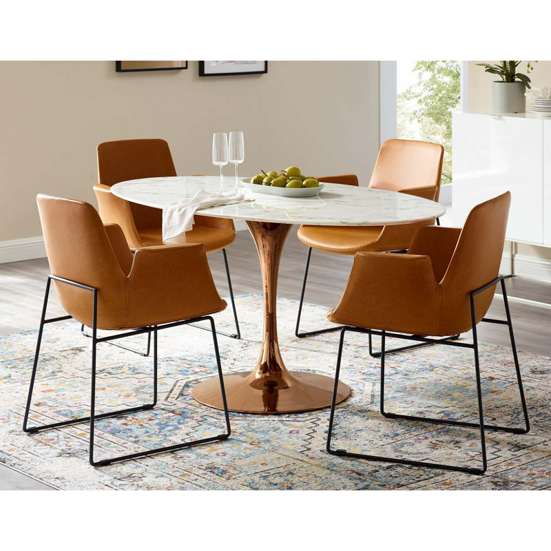  Table de salle à manger en marbre artificiel Lippa, Doré, H 29,5 po x L 54 po x l 54 po, Blanc