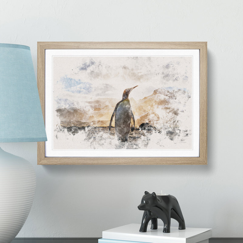 King Penguin - Picture Frame Painting Print, 24cm H x 33cm W x 2cm D, Oak Framed