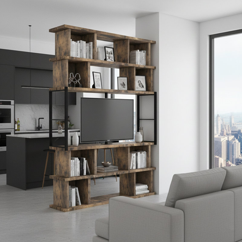 86" Industrial Rustic Brown 3-tier Room Divider Bookcase With Integrated Tv Mount