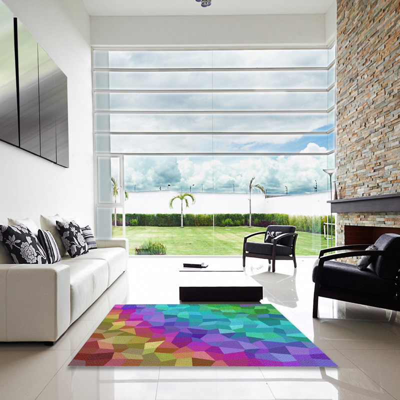 Tapis rose à motifs/bleu aqua/vert zone verte, Carré 7 pi