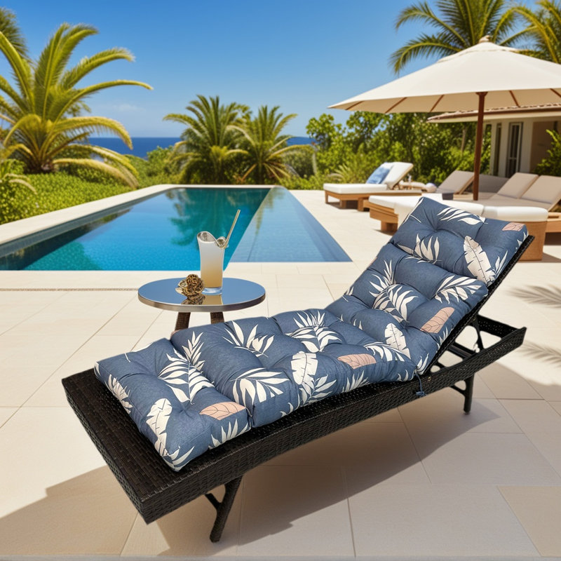 Thickened Outdoor Chaise Lounge Chair Cushion, Soft Memory Foam Filled, Gray Leaves
