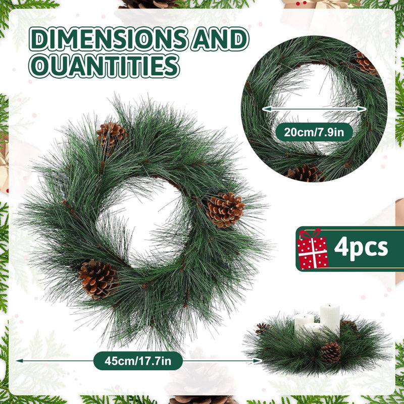 4 pièces d'anneaux de bougie de Noël couronnes, aiguilles, pin et pommes de pin, décorations de Noël, décorations de bougie pour table