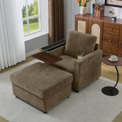 Chaise d'appoint 34 po en chenille moderne avec table d'appoint, porte-gobelet, port USB et repose-pieds avec rangement