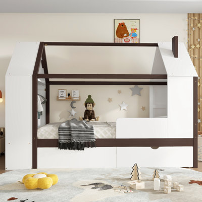 Lit simple en bois massif avec tiroirs et tablettes - Mobilier de chambre à coucher pour enfants, blanc et espresso