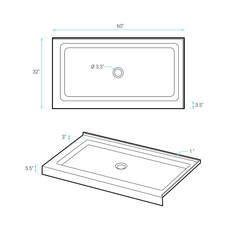 Receveur de douche d'angle droit Voltaire 60 po x 32 po à double seuil avec bonde centrale, blanc brillant