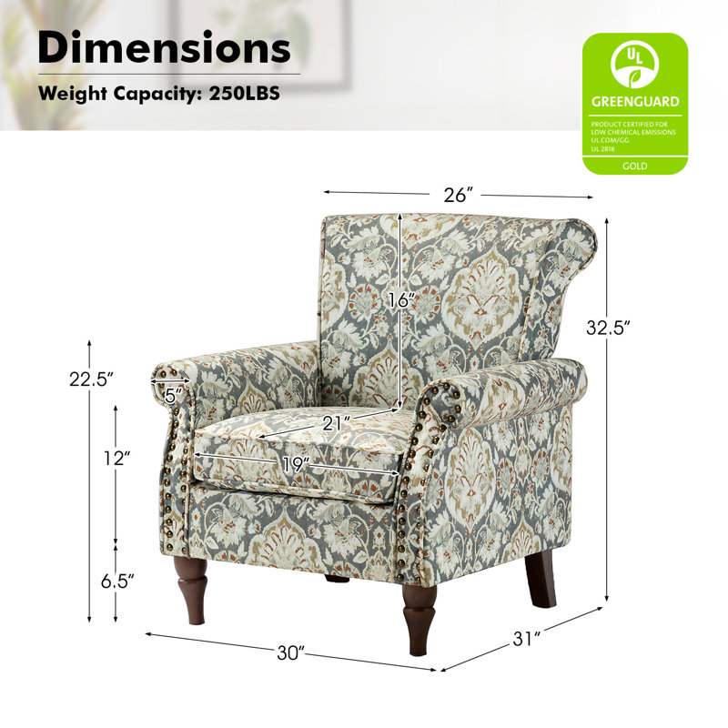 Fauteuil rembourré avec garniture cloutée l 30 po Asul, Velours de pin
