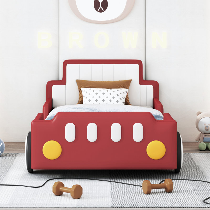 Lit plateforme simple en forme de voiture de course avec roues, rouge, Rouge