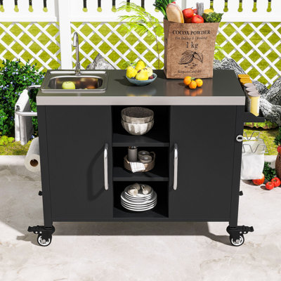 Îlot de cuisine extérieur avec évier en acier inoxydable 304, table de chariot de barbecue et tablettes de rangement réglables