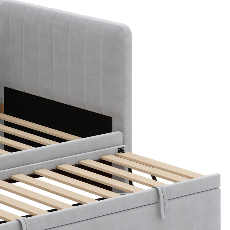 Lit de jour rembourré avec lit gigogne, tablettes de rangement, port USB et prise de courant, Gris