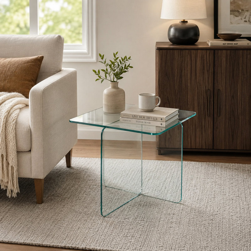 Modern Square Tempered Glass Side Table, Minimalist End Table with Cross Glass Base, Clear