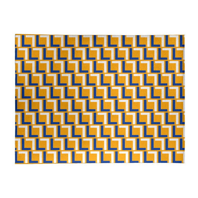 Tapis géométrique bleu / jaune / blanc, Rectangle 5 pi x 7 pi