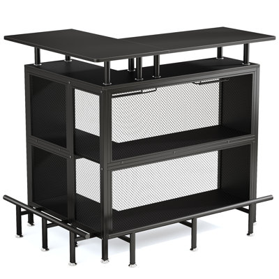 Black Bar Table With Laminate Countertop Steel Base And Built-In Shelf For Modern Home Bars Kitchens & Entertainment Areas