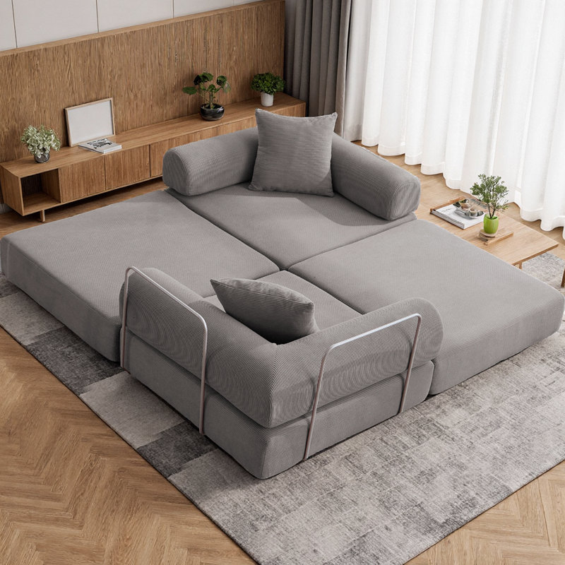 Canapé-lit modulaire pour petits espaces, canapé convertible 4 pièces en velours côtelé avec 2 dossiers, conception de matelas pliable pour les appartements, aucun assemblage requis, cadre en fer fixe