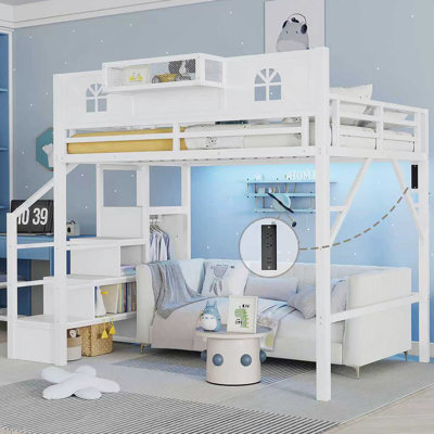 Full Size Loft Bed With Stairs, Kise Full Loft Bed With High And House Shaped Guardrails, High Loft Bed With Wardrobe For Kids Teens, White