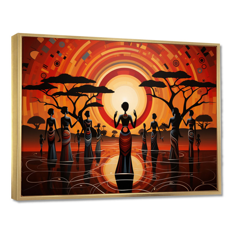 Célébration sacrée de la pleine lune tribale - art mural africain, salon, Toile avec cadre flottant or