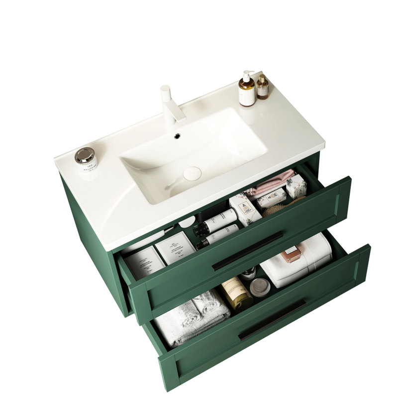 Lavabo de salle de bain 36 po, armoire flottante moderne, lavabo en céramique blanche, 2 tiroirs, rangement généreux, fermeture en douceur, installation facile, armoire de rangement teintée avec flottant, espace substantiel, assemblage,