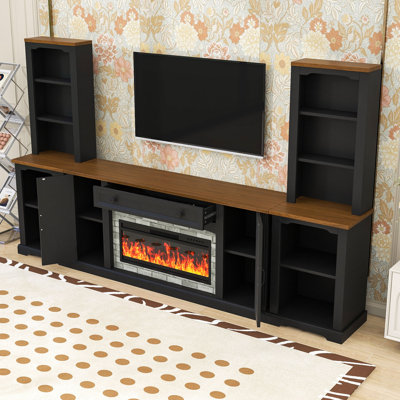 Entertainment Center with Mantel, Adjustable Shelves, Storage Cabinets and Built-In Bookshelves