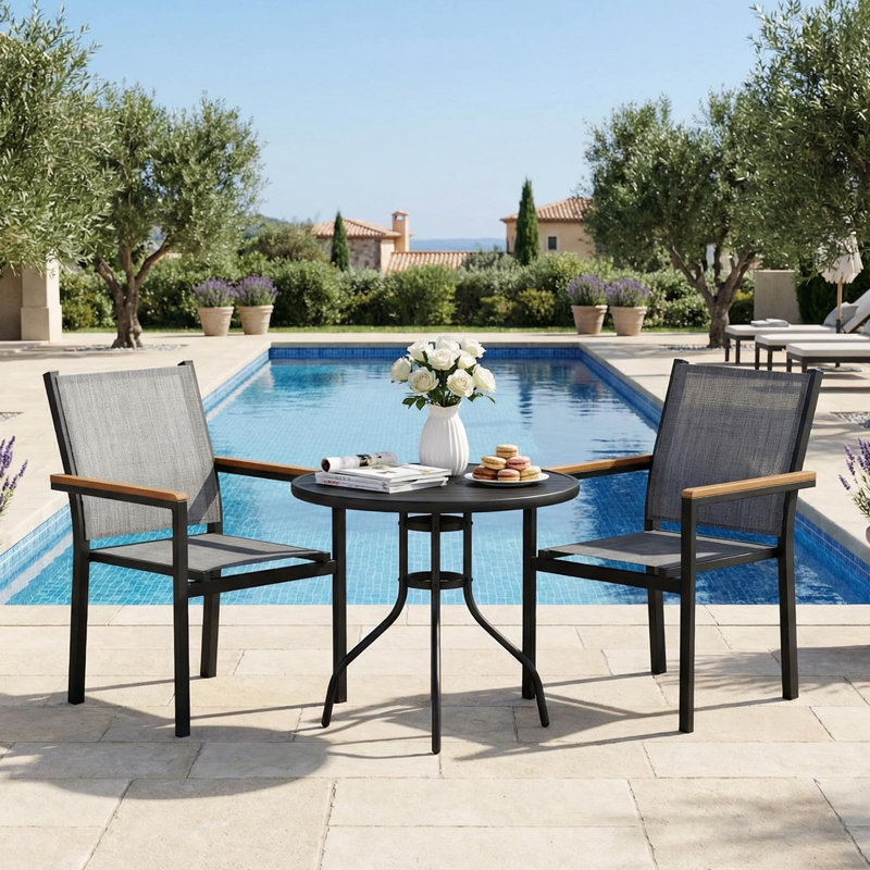 Aluminum Textilene Stackable Chair With Wood Plastic Armrests, 565585cm, 4 Pack, Linen Brown, Model Cl03002-1, Grey