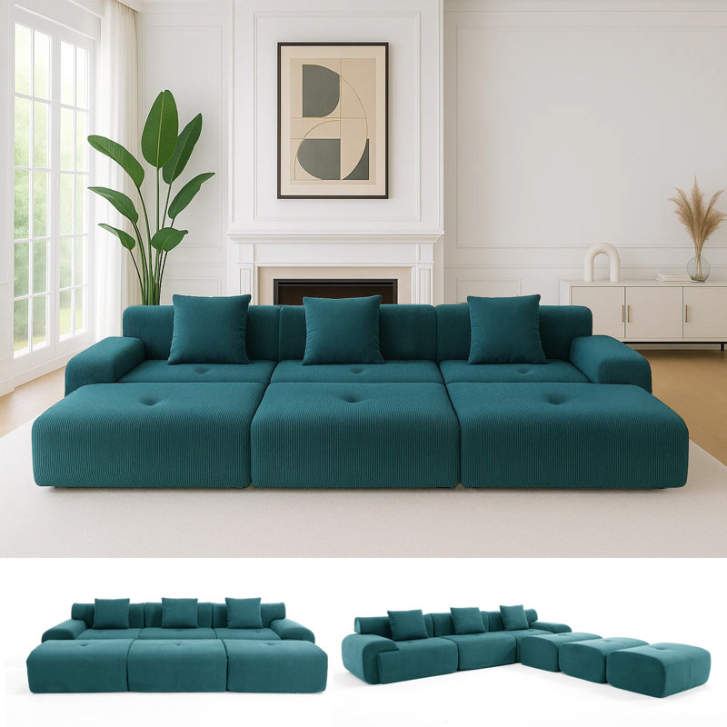 Boneless Corduroy Modern Compressed Block Sectional Couch, Green Corduroy