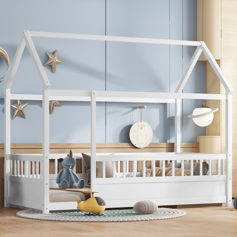 Twin Size Wooden House Floor Bed with Fence & Roof Frame, Montessori Kids Playhouse Bed for Boys & Girls, White, Twin, White