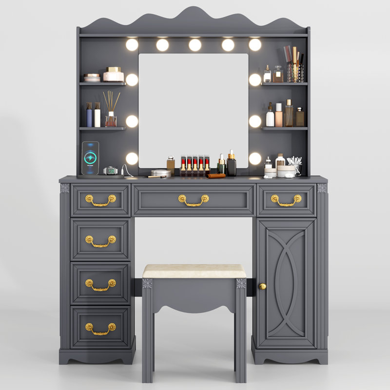 Dressing Table with 3-Color Lighting Mirror, Outlets, Stool, Storage Drawers and Cabinet, Grey